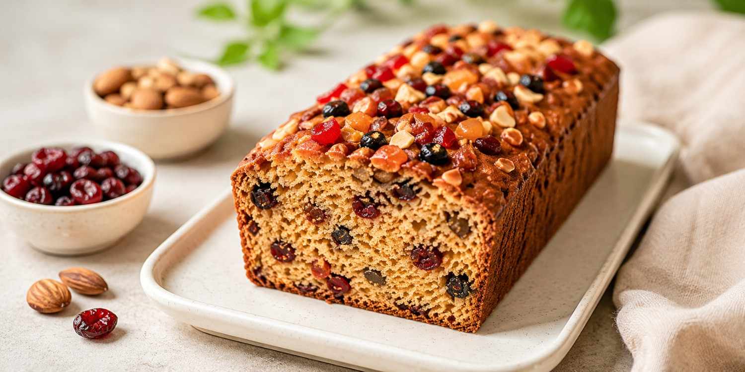 Moist protein-rich fruit cake ready to slice and serve